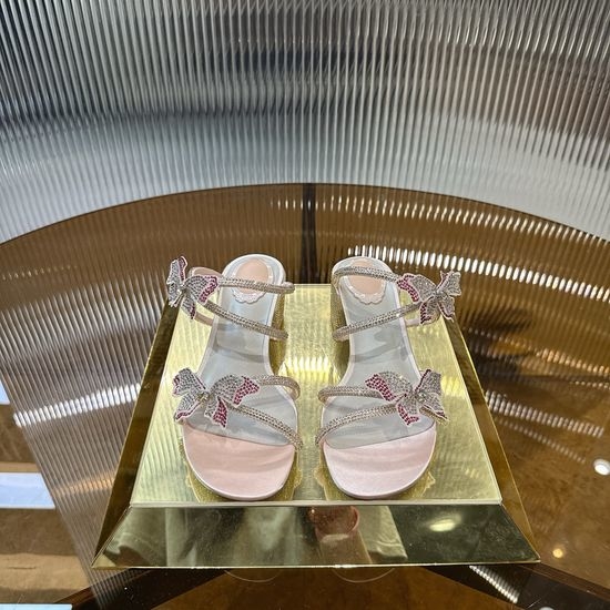 Rene Caovilla Rhinestone Flower Satin Block Heel Sandals Slides