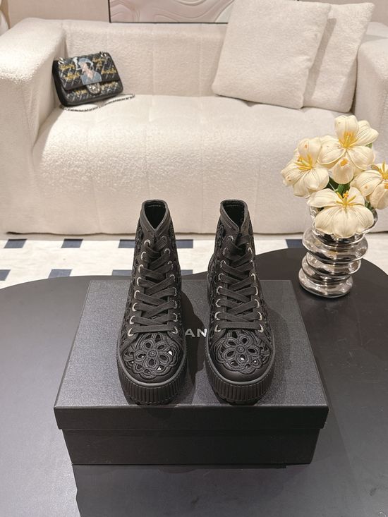 Chanel Convertible Hollow Boots with Wool Lining Embroidered Pattern