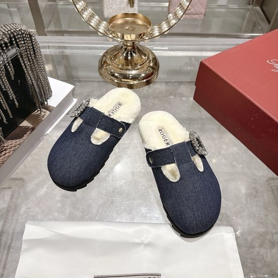 Roger Viver RV Rhinestone Buckle Wool Lined Mule Slippers Non-slip Platform Shoes