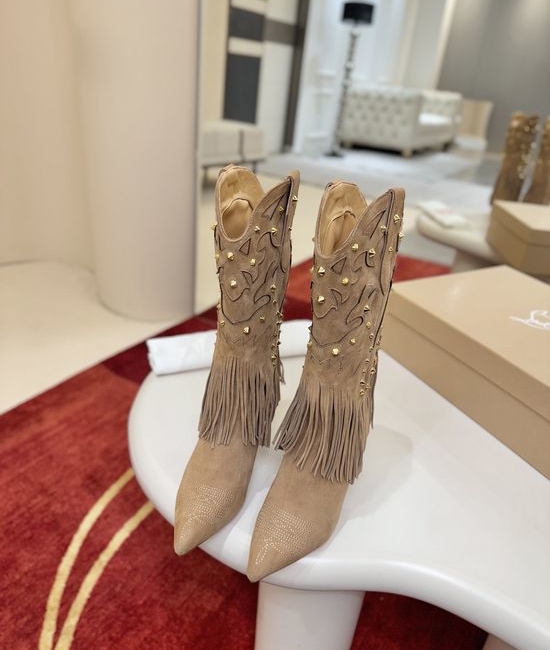 Christian Louboutine Fringe Decor Embroidered Stiletto Cowboy Boots Handcrafted