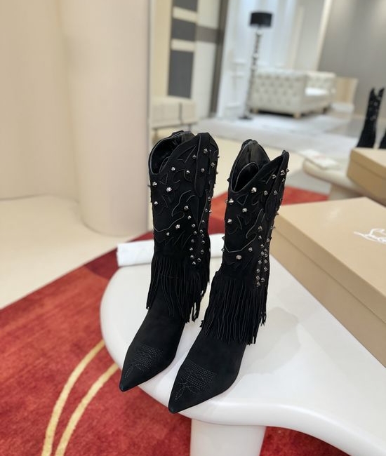 Christian Louboutine Fringe Decor Embroidered Stiletto Cowboy Boots Handcrafted