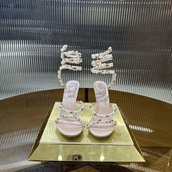 Rene Caovilla Pearl Rhinestone Wrapped Ankle Strap High Heel Sandals