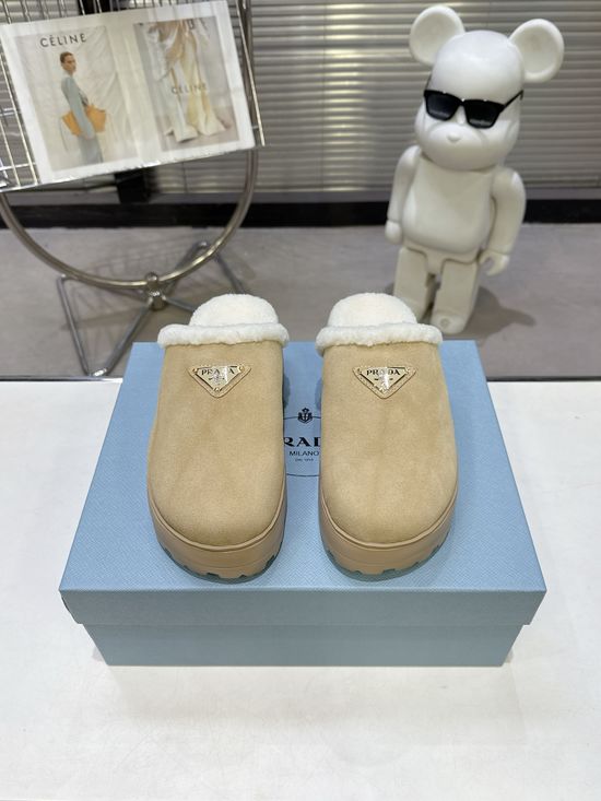 Prada Warm Plush Lined Slippers Lightweight Soft Anti Slip Sole