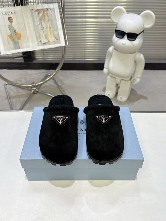Prada Warm Suede Closed Toe Wool Lined Slippers Non Slip Sole