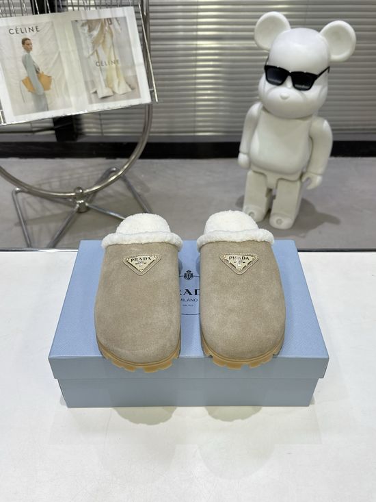 Prada Warm Suede Closed Toe Wool Lined Slippers Non Slip Sole