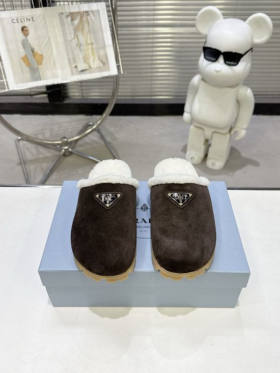 Prada Warm Suede Closed Toe Wool Lined Slippers Non Slip Sole