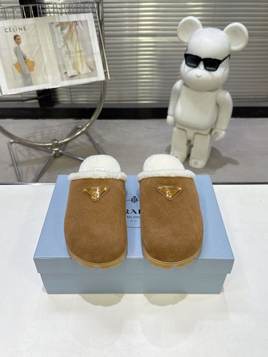 Prada Warm Suede Closed Toe Wool Lined Slippers Non Slip Sole