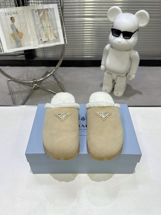 Prada Warm Suede Closed Toe Wool Lined Slippers Non Slip Sole