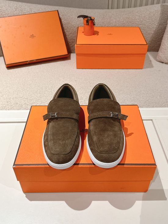 Hermes Retro Suede Leather Loafers With Non-slip Rubber Sole