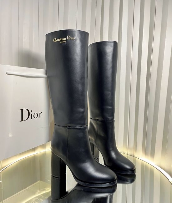 Christian Dior CD Block Heel Leather Riding Boots With Metal Logo Accent