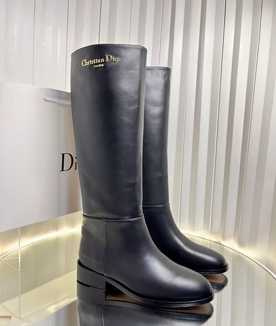 Christian Dior CD Block Heel Leather Riding Boots With Metal Logo Accent