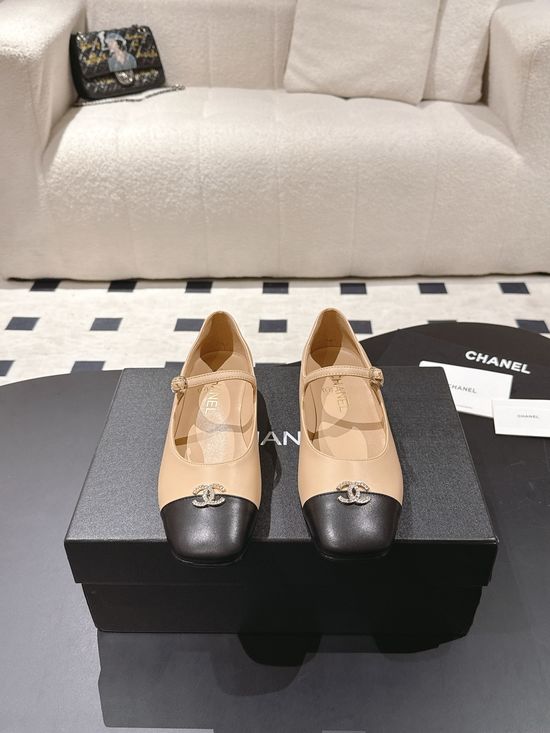 Chanel Rhinestone Buckle Square Toe Leather Mary Jane Flats