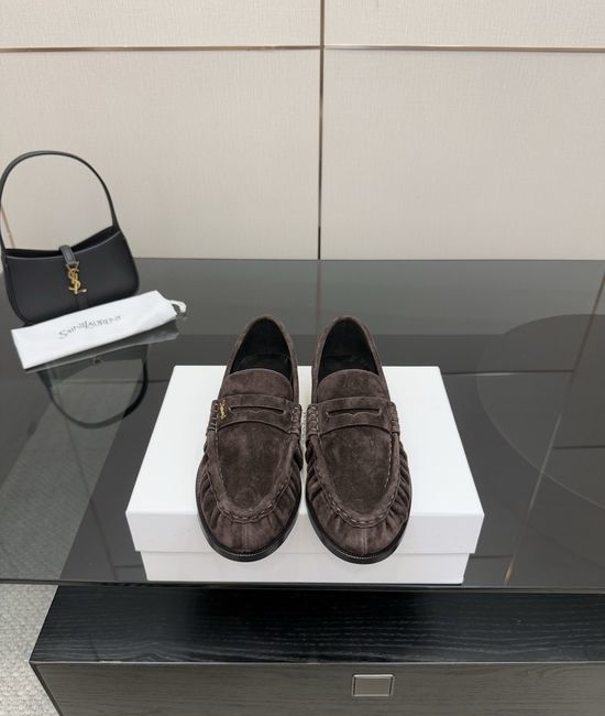Yves Saint Laurent YSL Classic Small Logo Loafer Shoes Almond Toe Leather Footwear