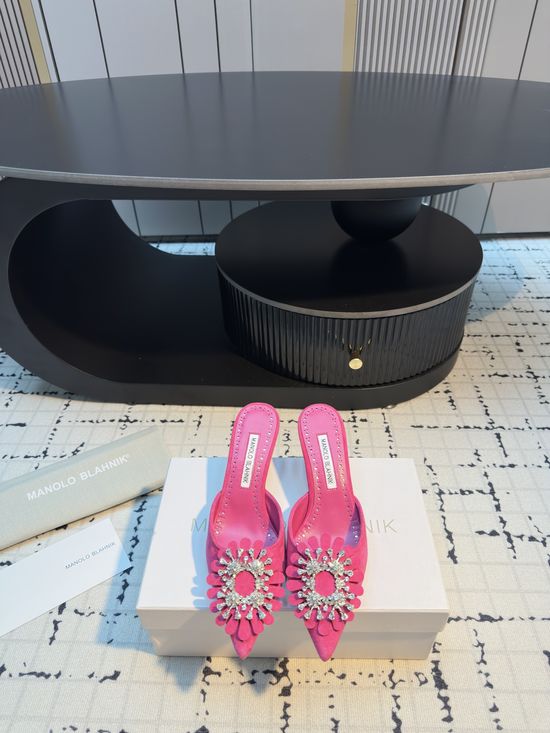 Manolo Blahnik Rhinestone Suede Mule Slide with Leather Sole