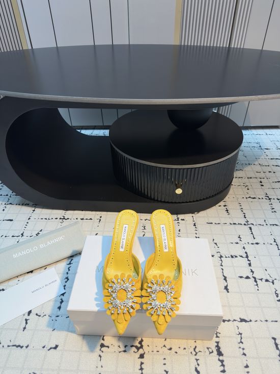 Manolo Blahnik Rhinestone Suede Mule Slide with Leather Sole