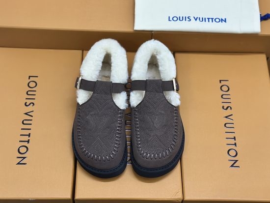 Louis Vuitton LV Premium Fuzzy Slippers with Leather Upper and Non-slip Sole