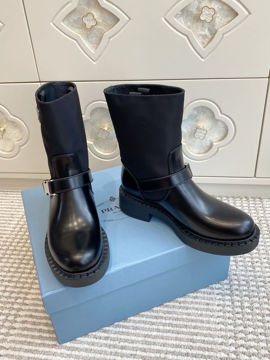 Prada Nylon Leather Buckle Decor Mid-calf Casual Boots