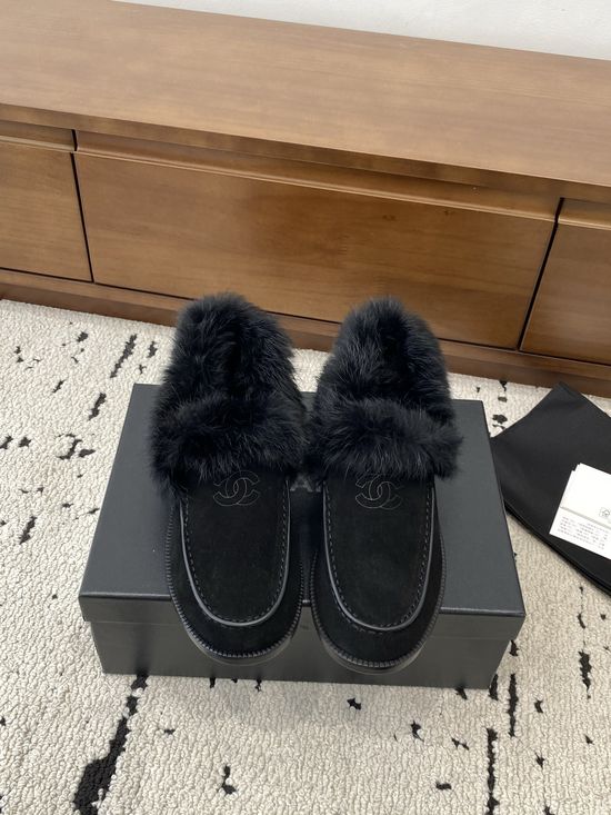 Chanel Warm Suede Fur Lined Loafers With Leather Outsole
