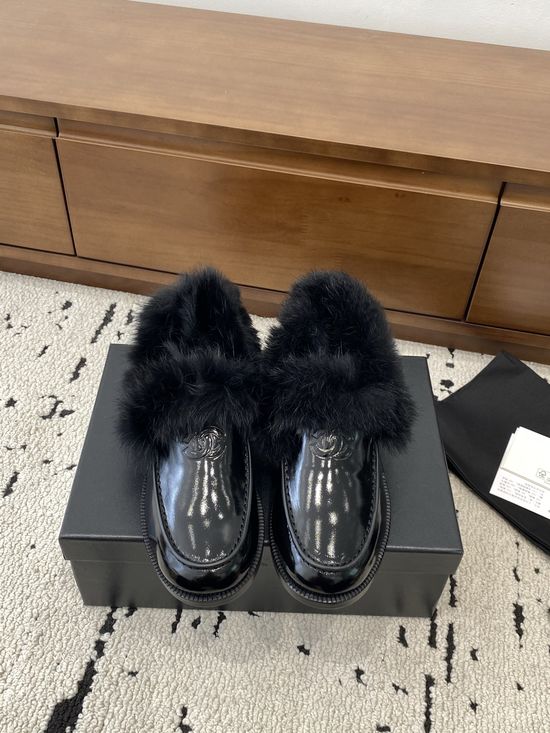 Chanel Warm Suede Fur Lined Loafers With Leather Outsole