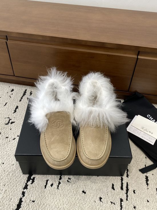 Chanel Warm Suede Fur Lined Loafers With Leather Outsole