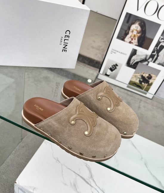 Celine Premium Leather Emblem Detail Comfortable Slip-on Mules