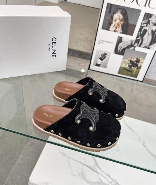 Celine Premium Leather Emblem Detail Comfortable Slip-on Mules