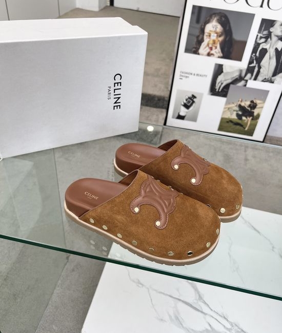 Celine Premium Leather Emblem Detail Comfortable Slip-on Mules