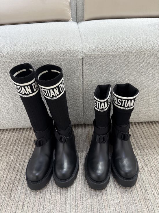 Christian Dior Stretchy Knit Shaft Leather Ankle Boots