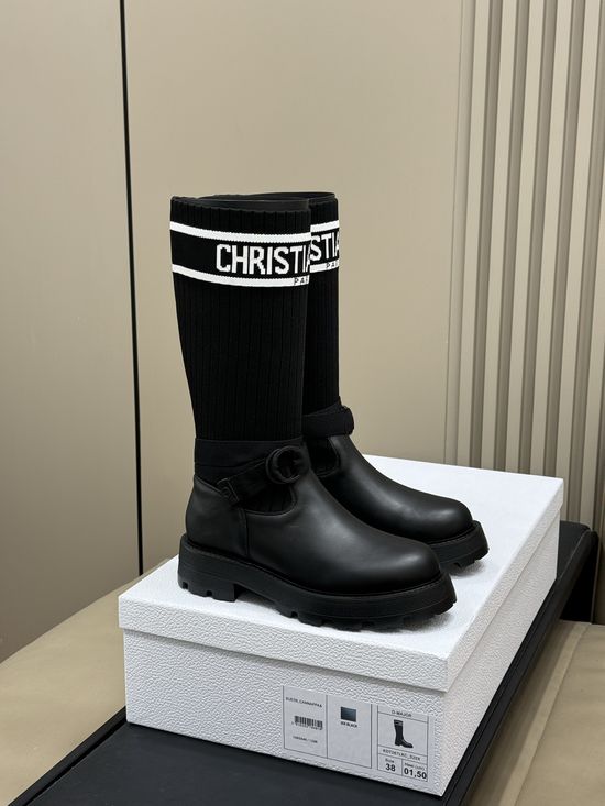 Christian Dior Stretchy Knit Shaft Leather Ankle Boots