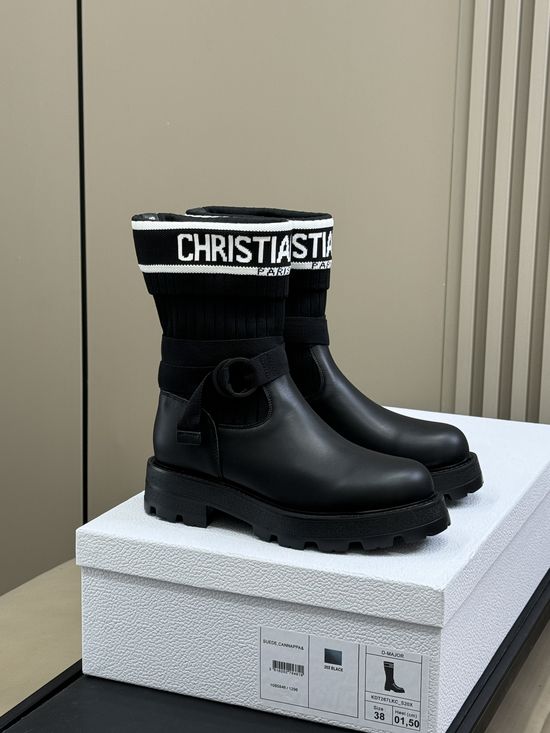Christian Dior Stretchy Knit Shaft Leather Ankle Boots
