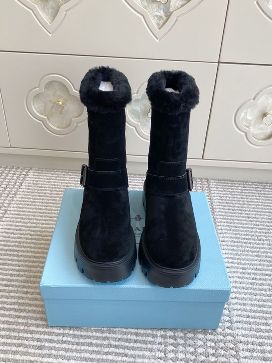 Prada Wool Lined Leather Buckle Platform Ankle Combat Boots
