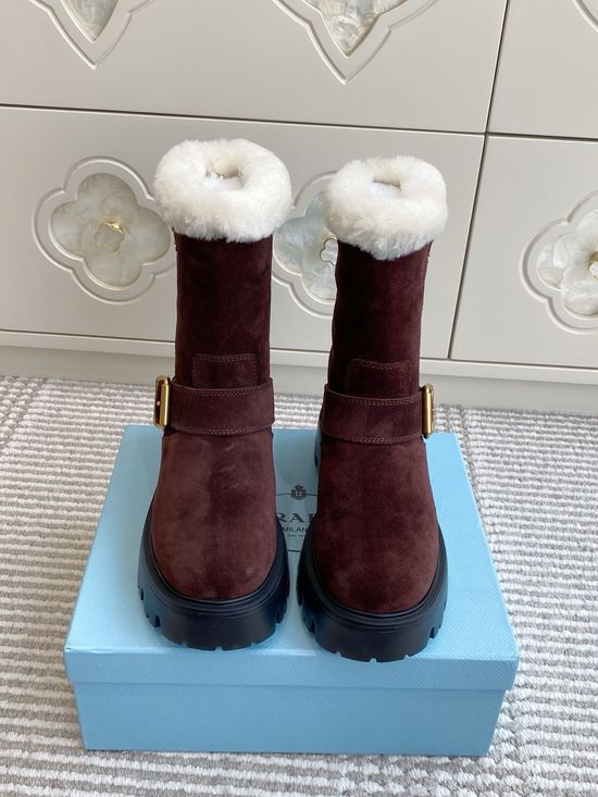 Prada Wool Lined Leather Buckle Platform Ankle Combat Boots