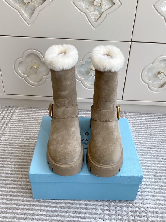Prada Wool Lined Leather Buckle Platform Ankle Combat Boots