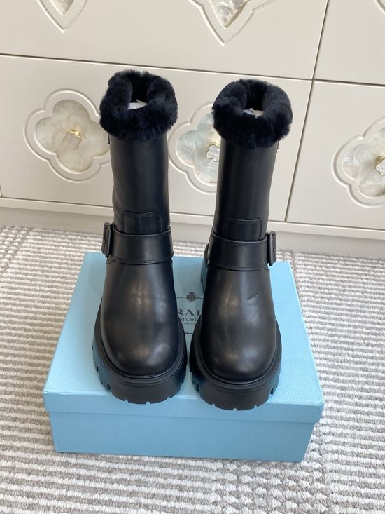 Prada Wool Lined Leather Buckle Platform Ankle Combat Boots