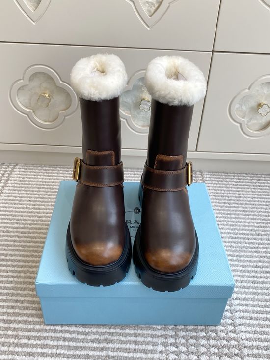 Prada Wool Lined Leather Buckle Platform Ankle Combat Boots