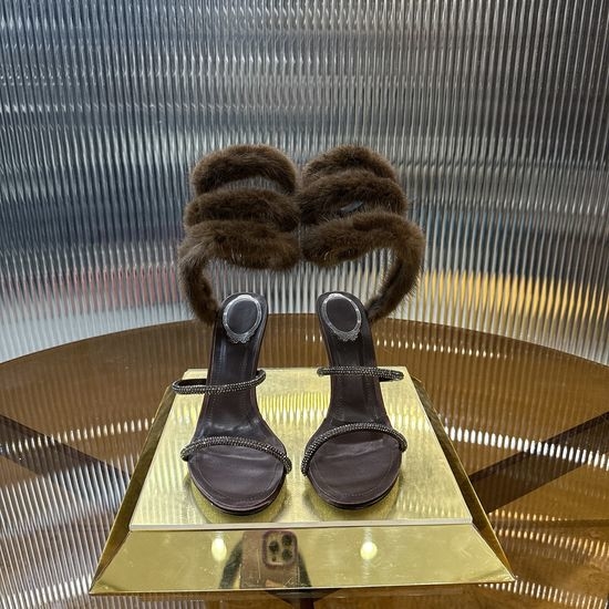 Rene Caovilla Mink Fur Rhinestone Decor Leather Sole Heels