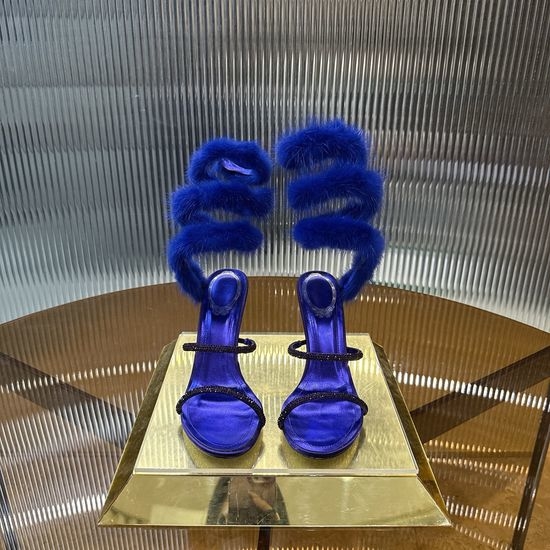 Rene Caovilla Mink Fur Rhinestone Decor Leather Sole Heels