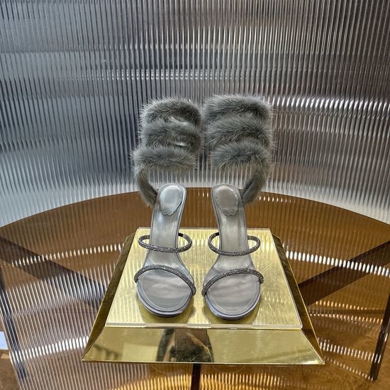 Rene Caovilla Mink Fur Rhinestone Decor Leather Sole Heels