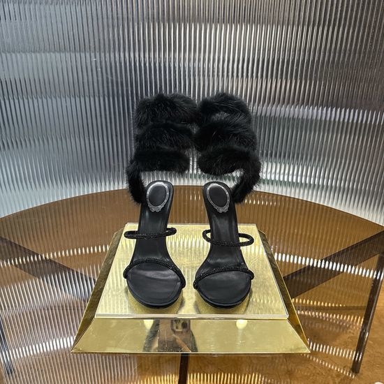 Rene Caovilla Mink Fur Rhinestone Decor Leather Sole Heels