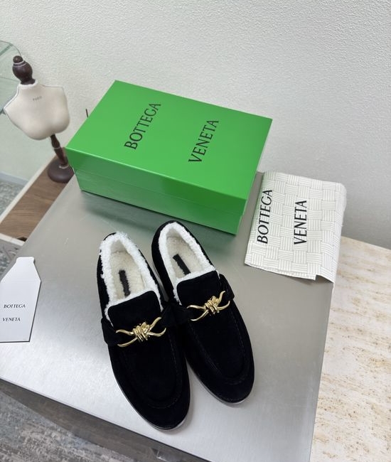Bottega Veneta BV Black Lamb Wool Loafers with Metal Buckle Accents