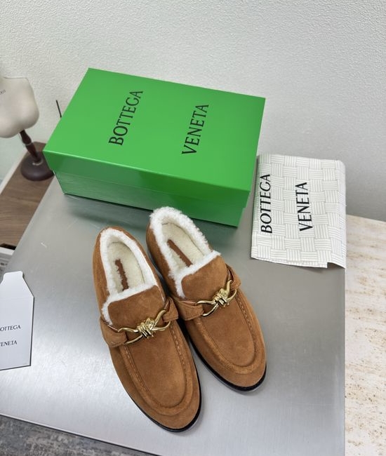 Bottega Veneta BV Shearling Lined Suede Loafer Shoes with Metal Buckle