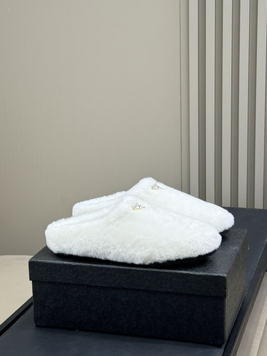 Prada Plush Fuzzy Mule Slippers Soft Lined Non-slip Durable Sole