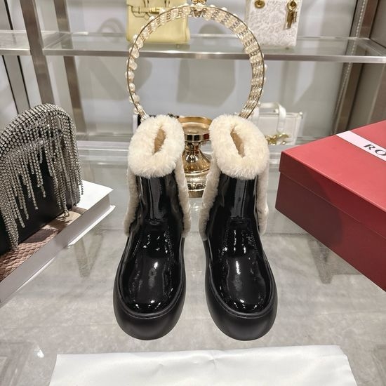 Roger Viver RV Patent Leather Wool Snow Boots With Decorative Rhinestone Buckle
