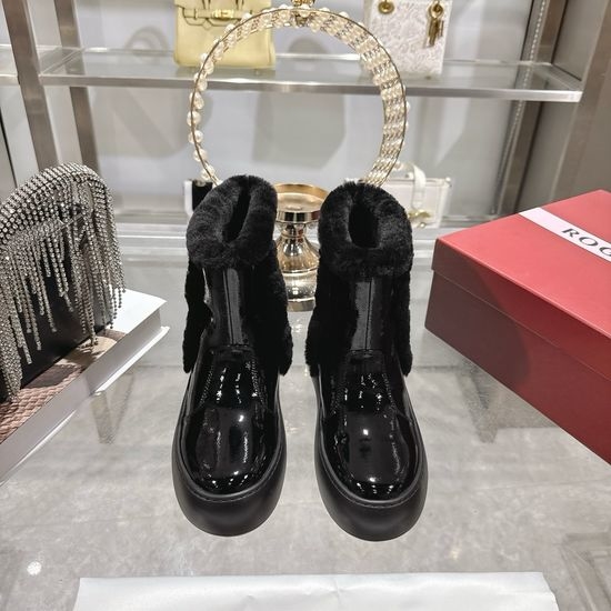 Roger Viver RV Patent Leather Wool Snow Boots With Decorative Rhinestone Buckle