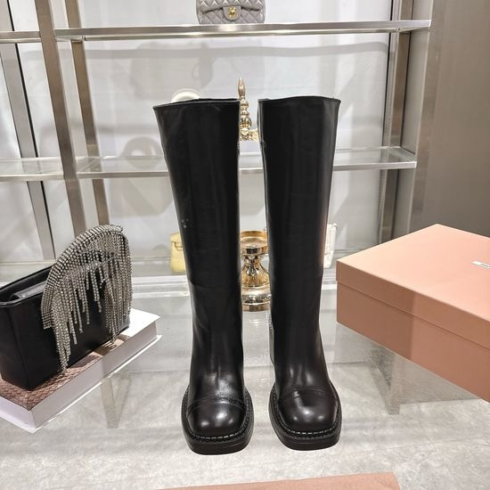 Miu Miu Vintage Distressed Leather Knee High Heeled Boots Non-slip