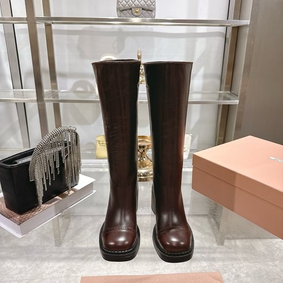 Miu Miu Vintage Distressed Leather Knee High Heeled Boots Non-slip