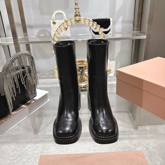 Miu Miu Retro Distressed Leather Stacked Shaft Heeled Casual Boots