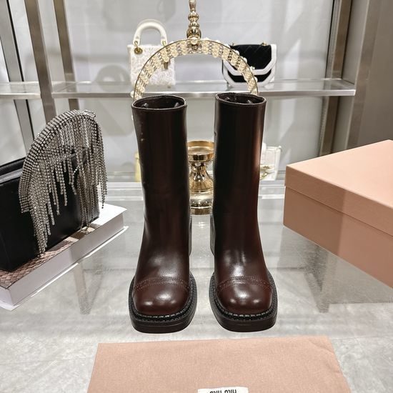 Miu Miu Retro Distressed Leather Stacked Shaft Heeled Casual Boots