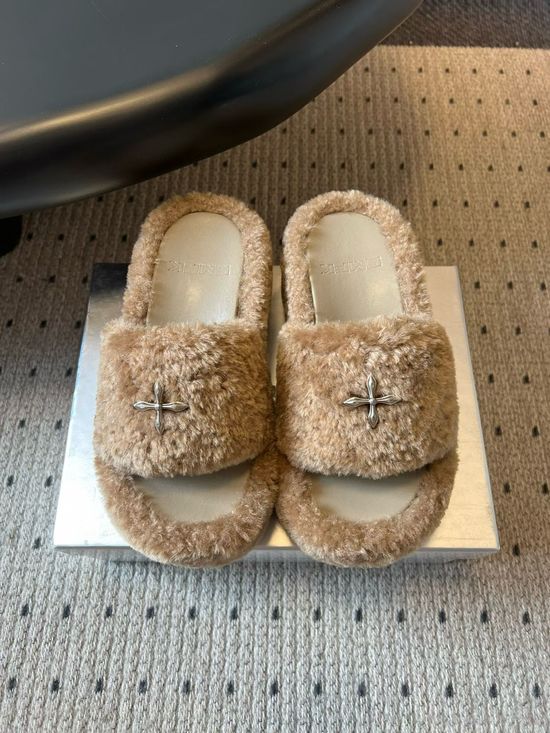 SMFK Fuzzy Open Toe Slippers with Cross Decor Non Slip Sole