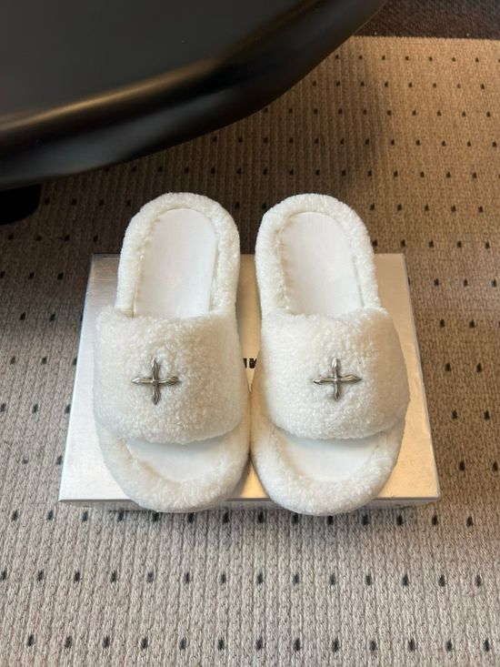 SMFK Fuzzy Open Toe Slippers with Cross Decor Non Slip Sole